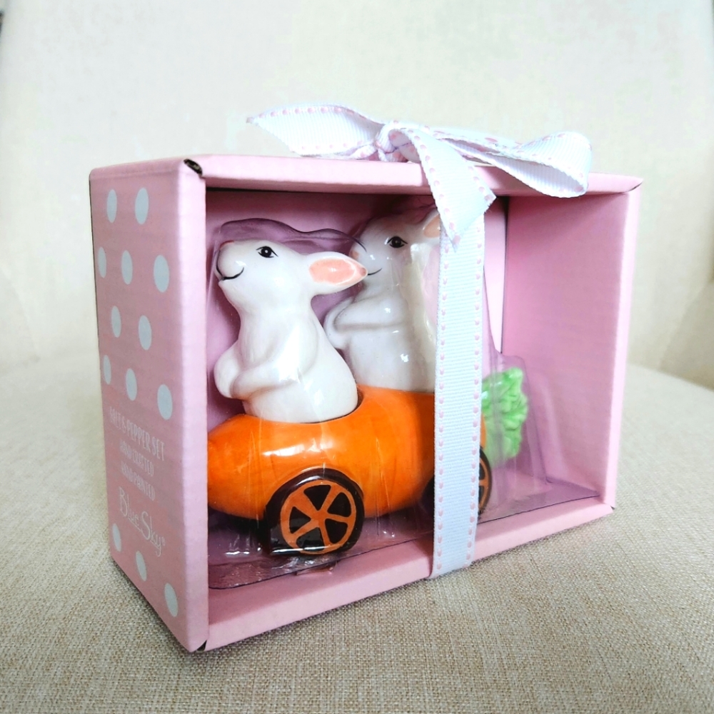 Blue Sky Clayworks Easter Bunny in Carrot Car Salt & Pepper Shaker Set